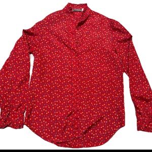 Vtg Villager Womens 10 Red Floral Ruffle Collar Shirt Cottagecore Ditsy Floral